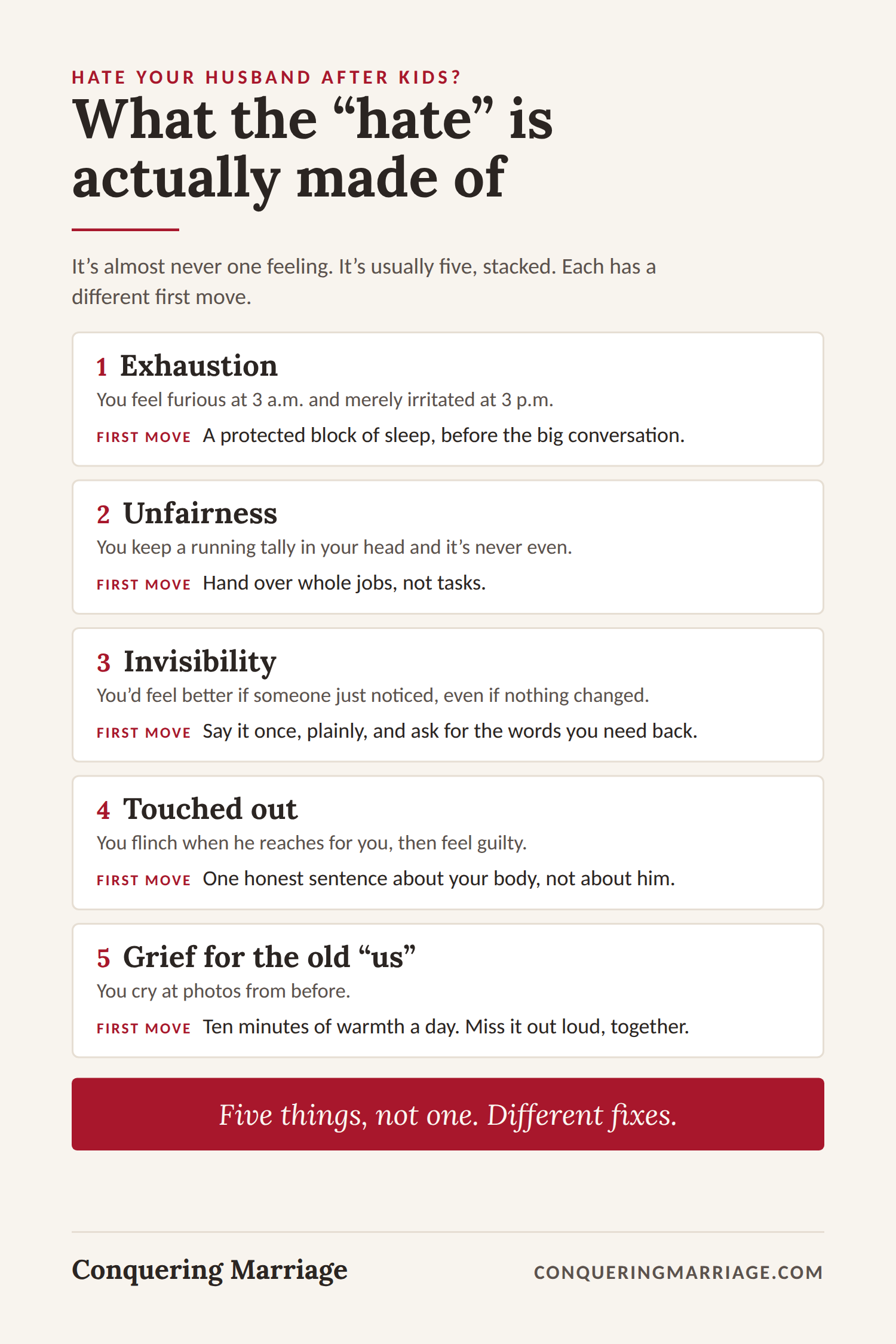 How Not to Hate Your Husband After Kids (What the Resentment Is Made Of, and What to Do First) 2 Hate your husband after kids? The five things the resentment is usually made of, with the first move for each.