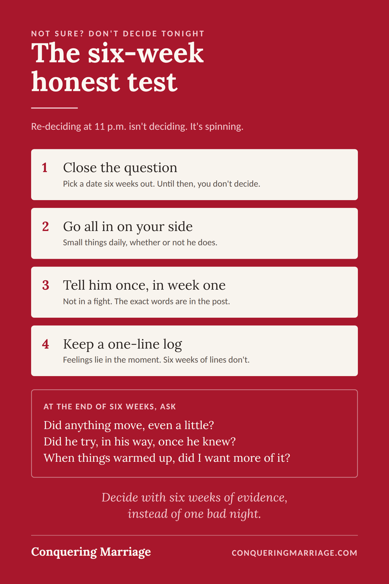 Not sure if your marriage is over? The six-week honest test: close the question, go all in, then decide.