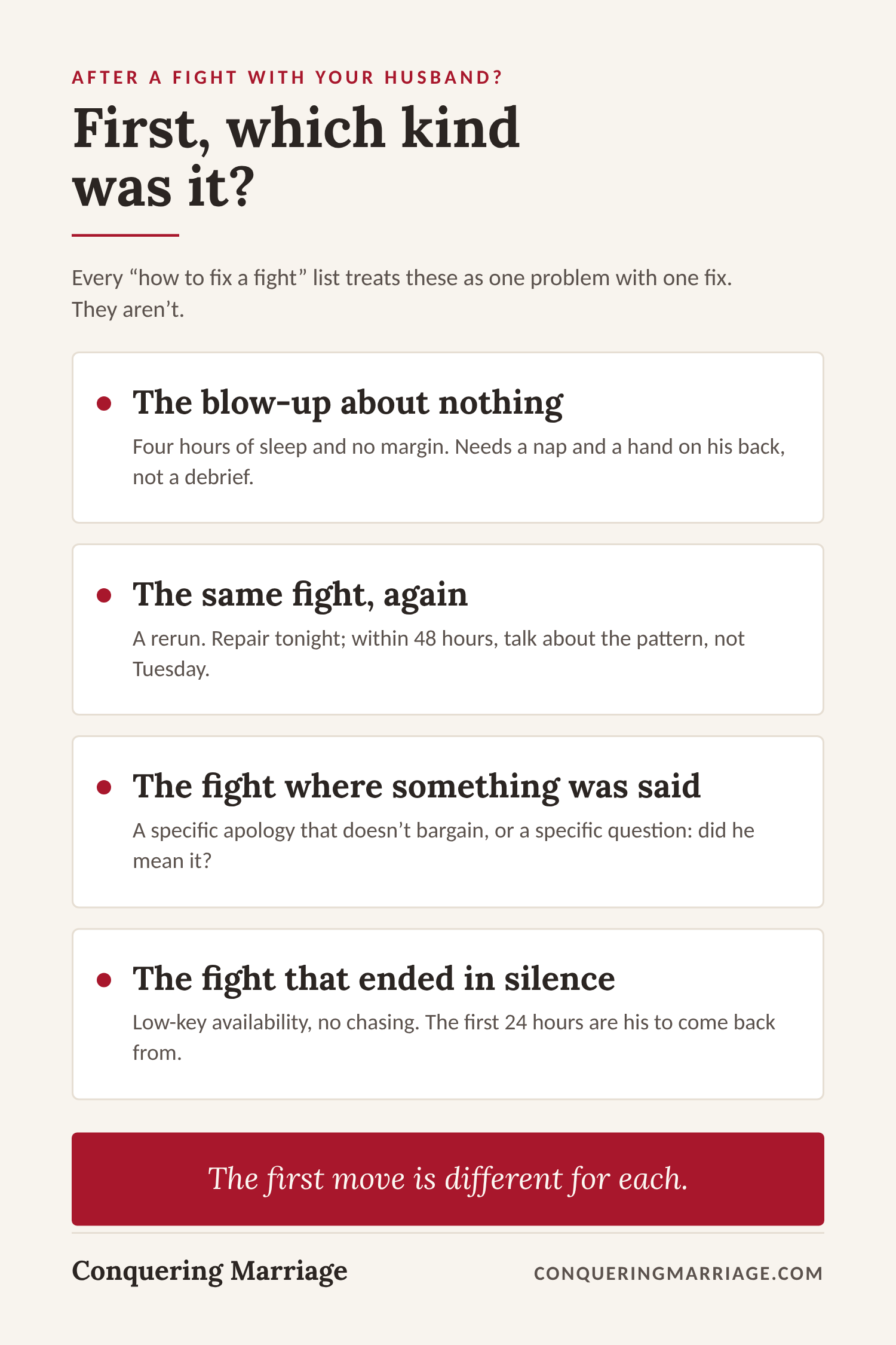 Four kinds of fights with your husband and the first move for each: the blow-up about nothing, the same fight again, the fight where something was said, and the fight that ended in silence.