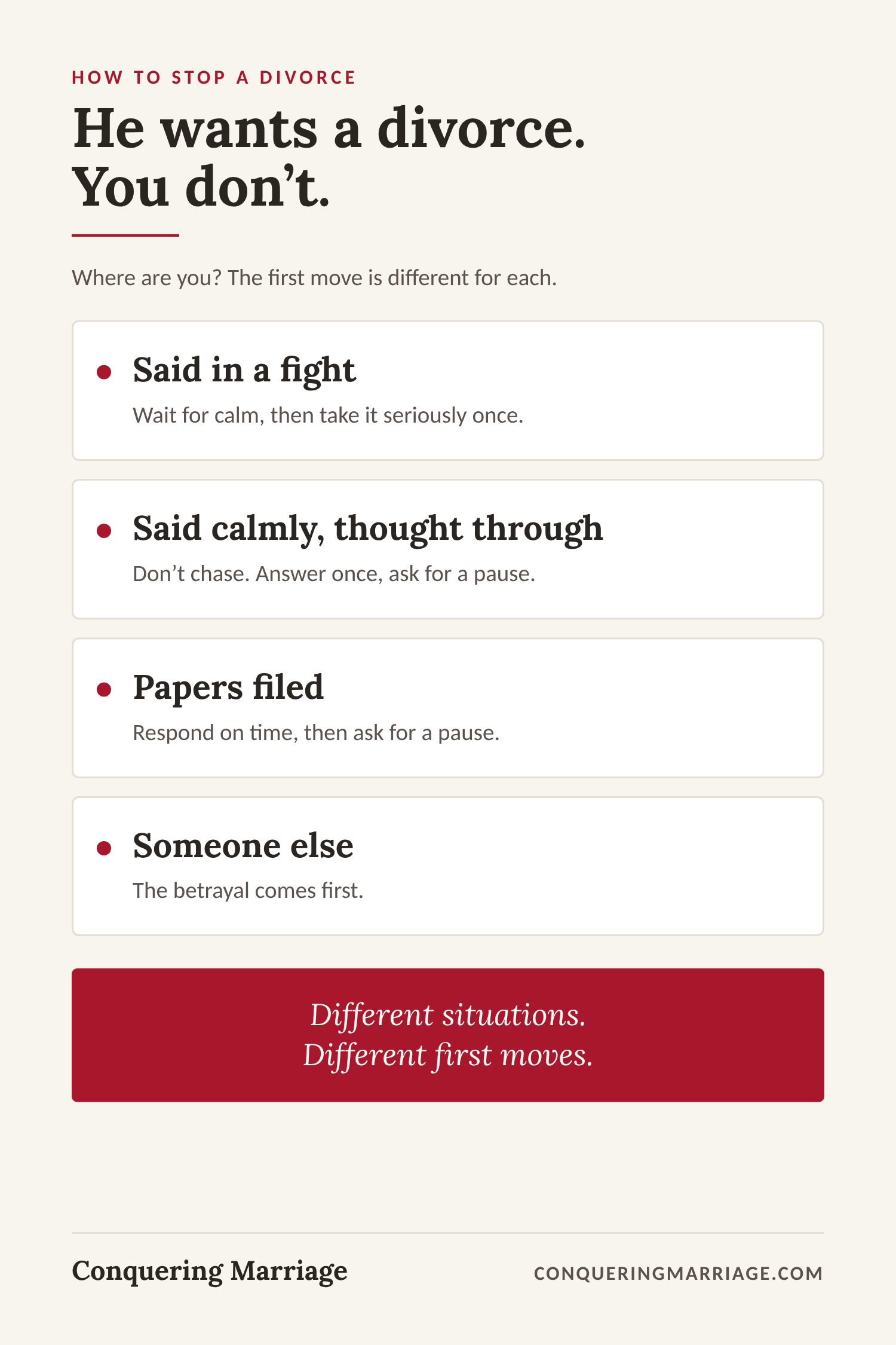 He wants a divorce and you don't: four situations and the first move for each.